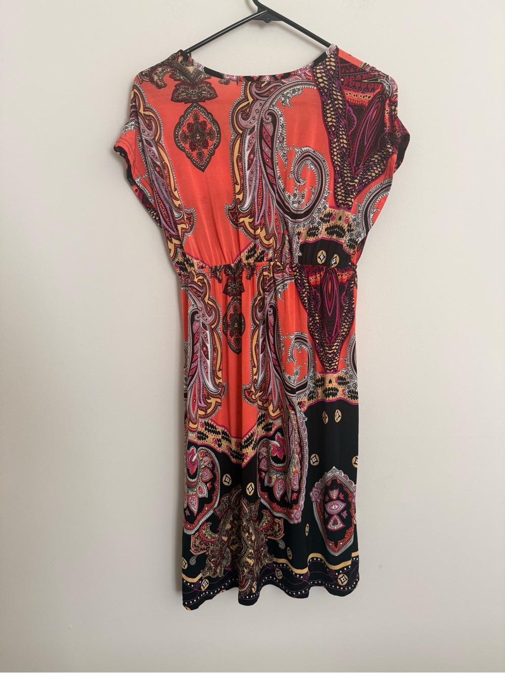 5th & Love Boho Paisley Faux Wrap Midi Dress Coral Pink Black Women’s Large - Picture 7 of 8